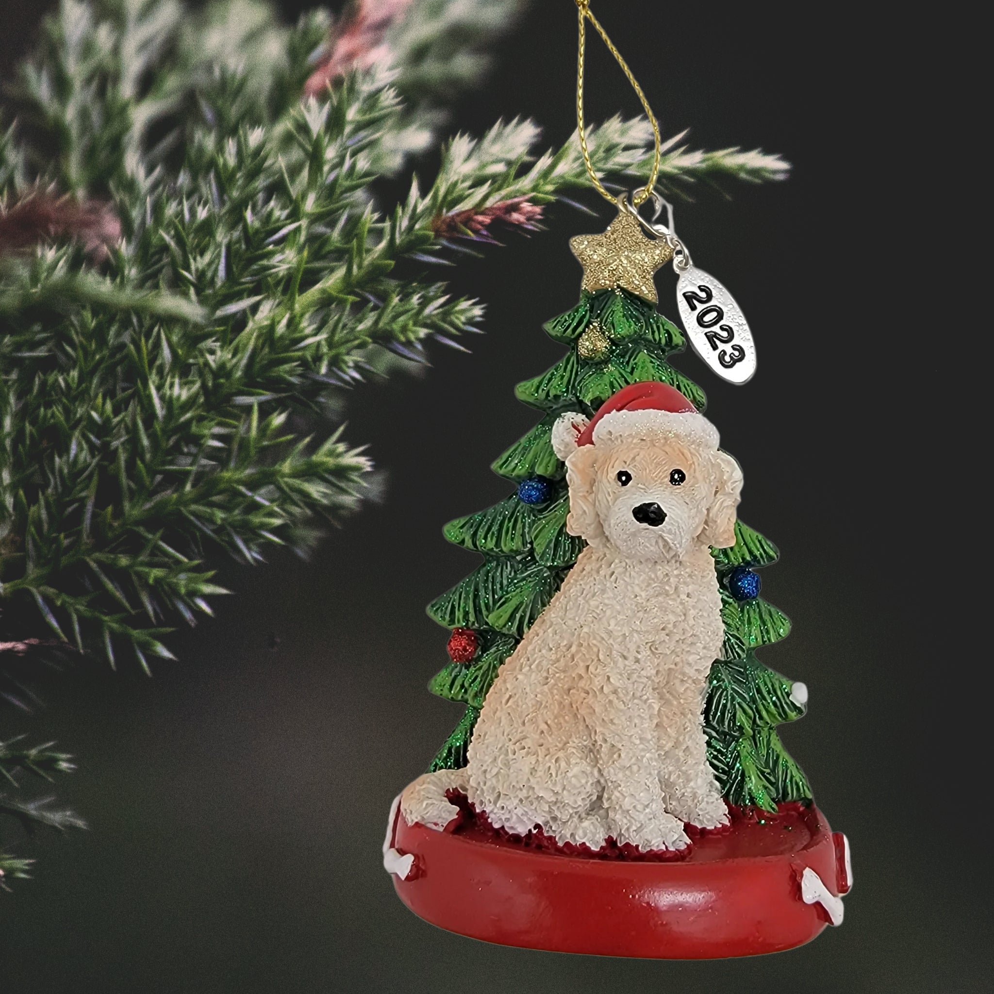 Golden Labradoodle Dog with Tree Ornament
