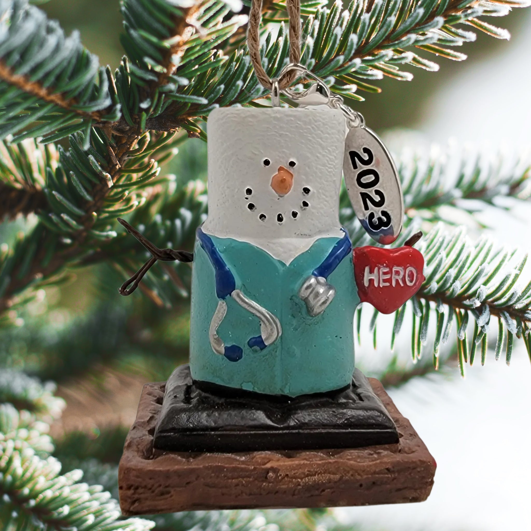 Smores Nurse Ornament With Blue Green Scrubs