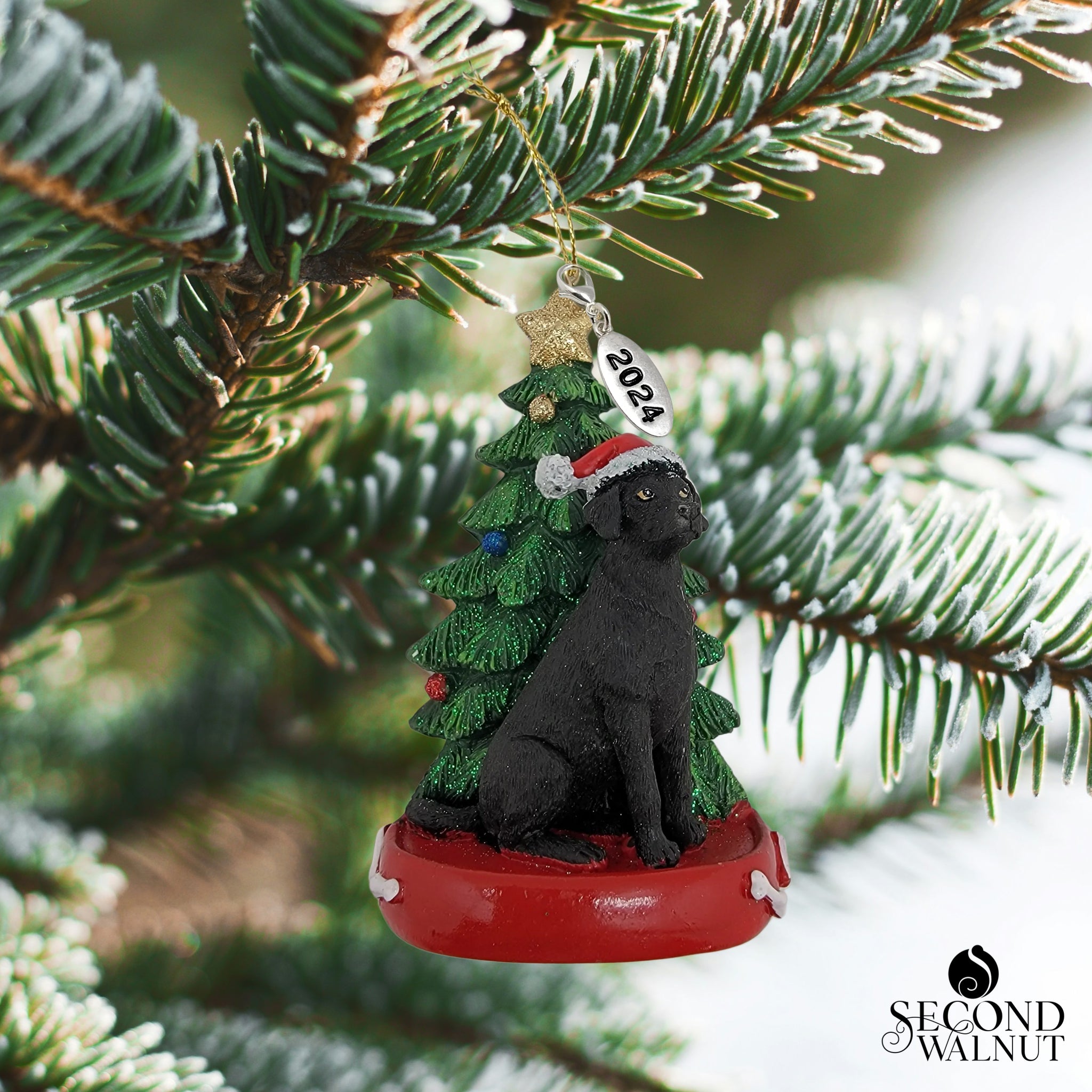 Black Labrador Retriever Dog with Tree Ornament