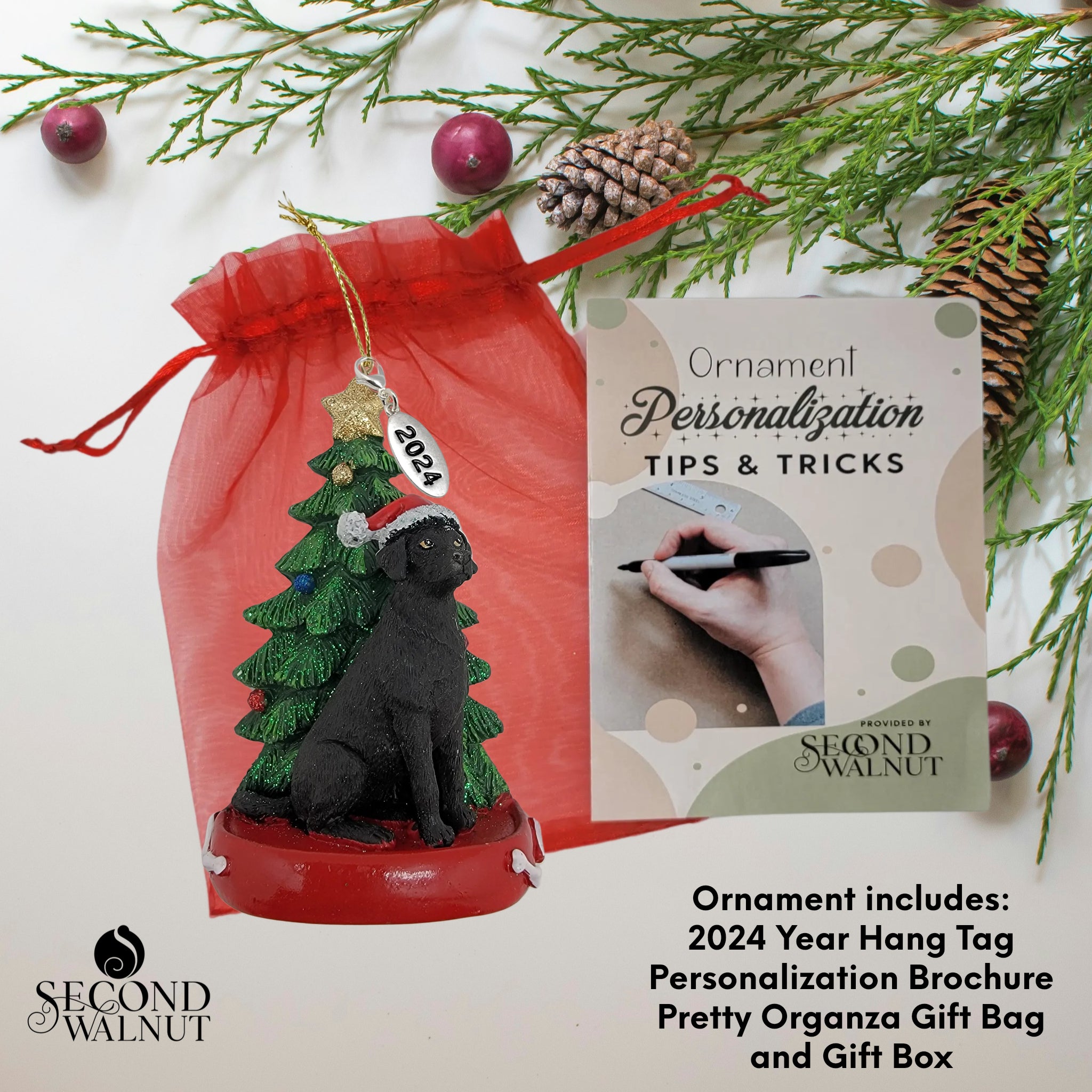 Black Labrador Retriever Dog with Tree Ornament