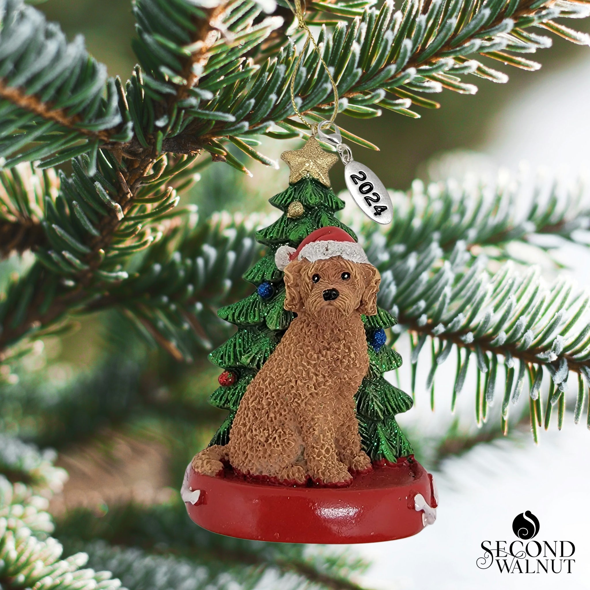 Brown Labradoodle Dog with Tree Ornament