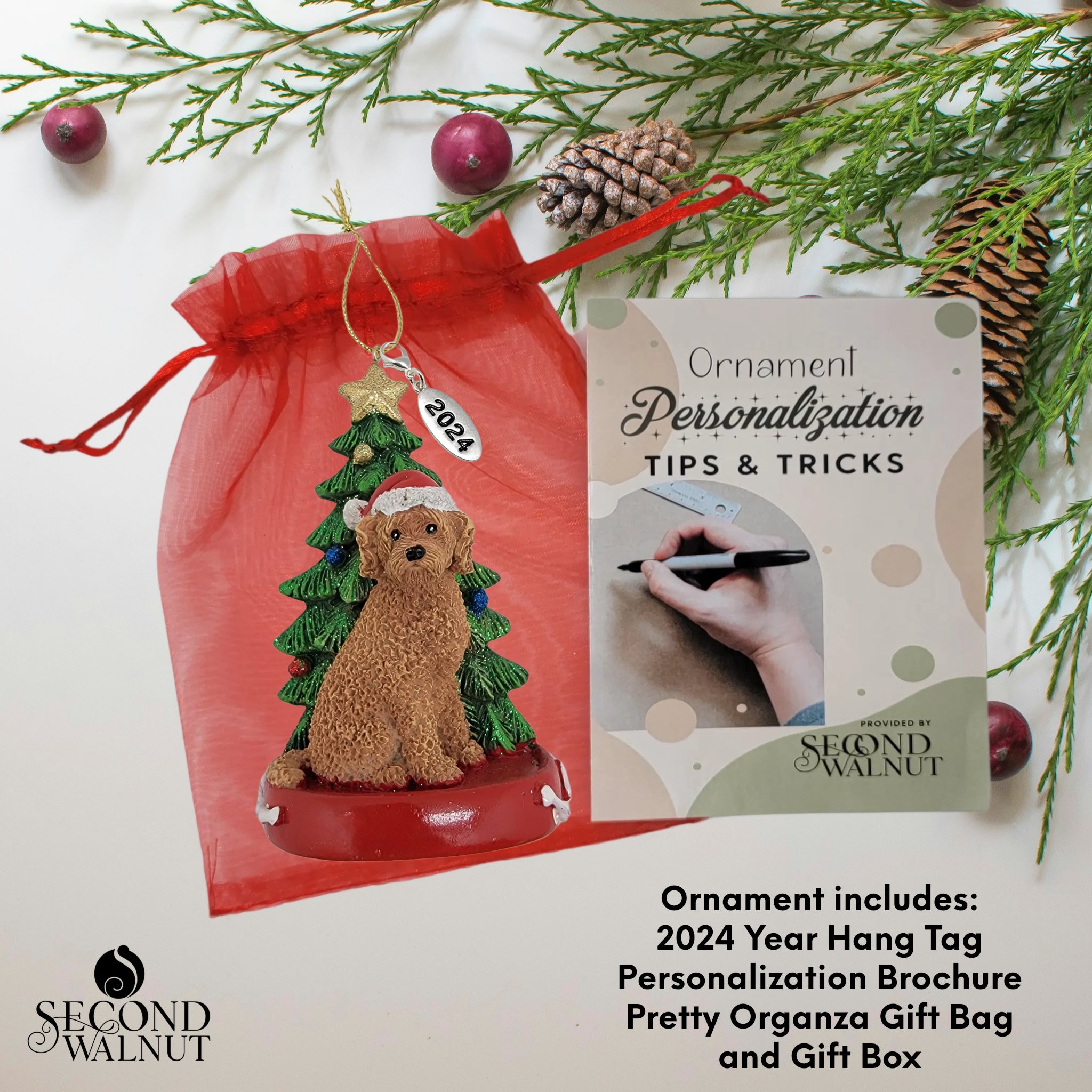 Brown Labradoodle Dog with Tree Ornament