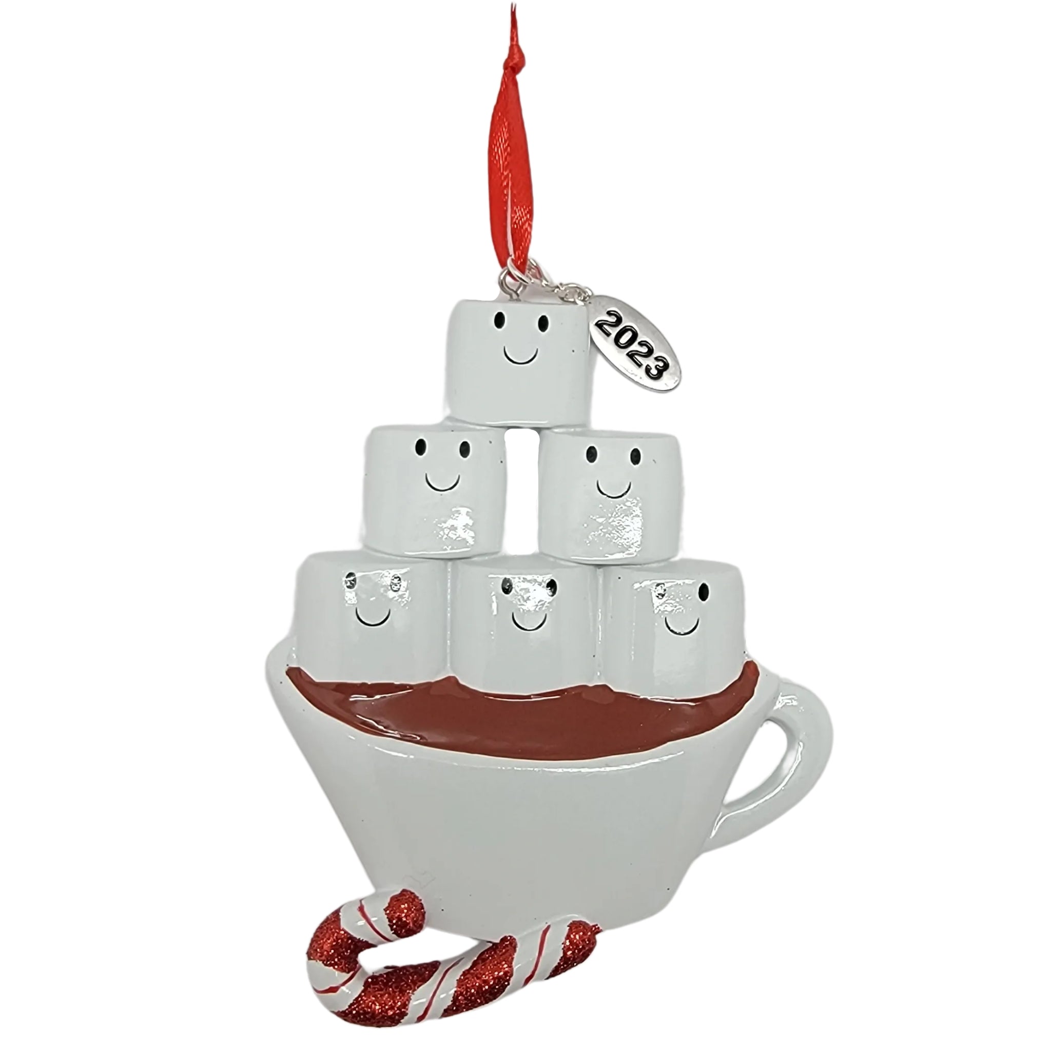 Family of 6 Christmas Ornament Hot Chocolate with Marshmallow Smiles