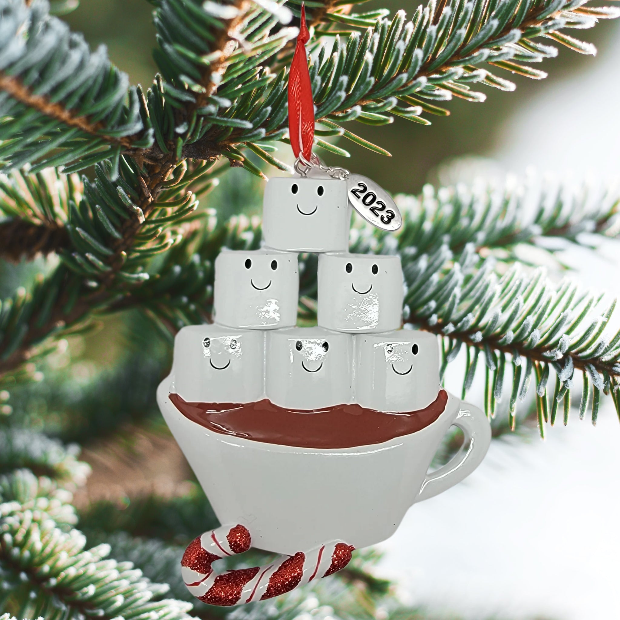 Family of 6 Christmas Ornament Hot Chocolate with Marshmallow Smiles